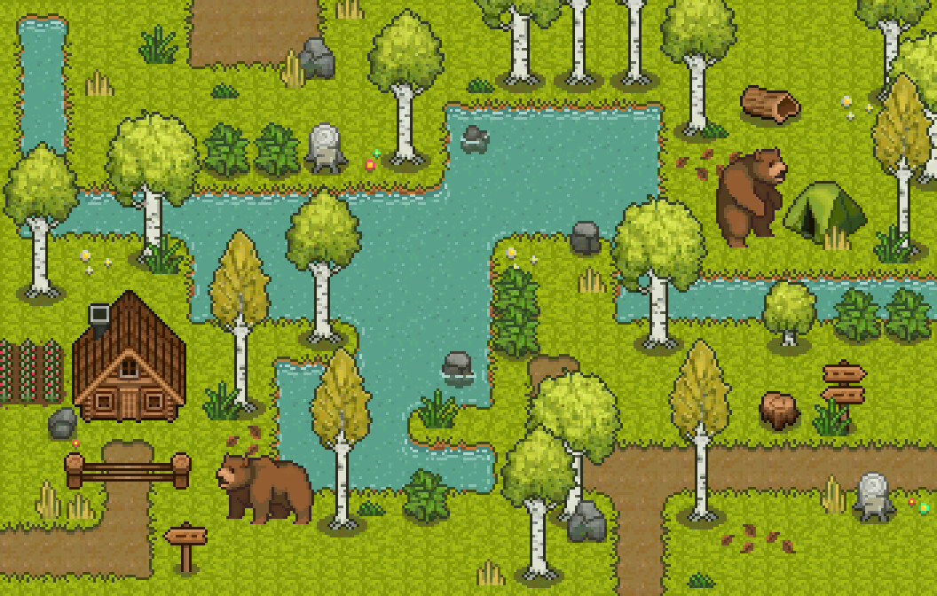 完整的像素桦树林主题图块集素材