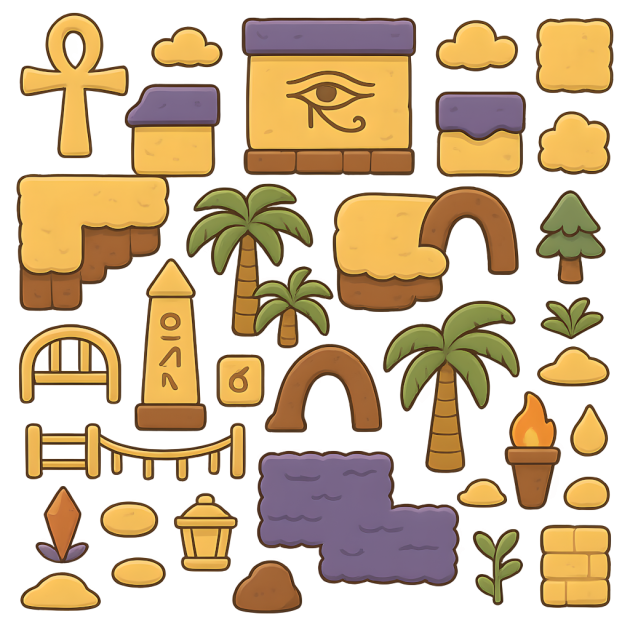 免费舒适而神秘的卡通2D沙漠绿洲废墟图块集素材