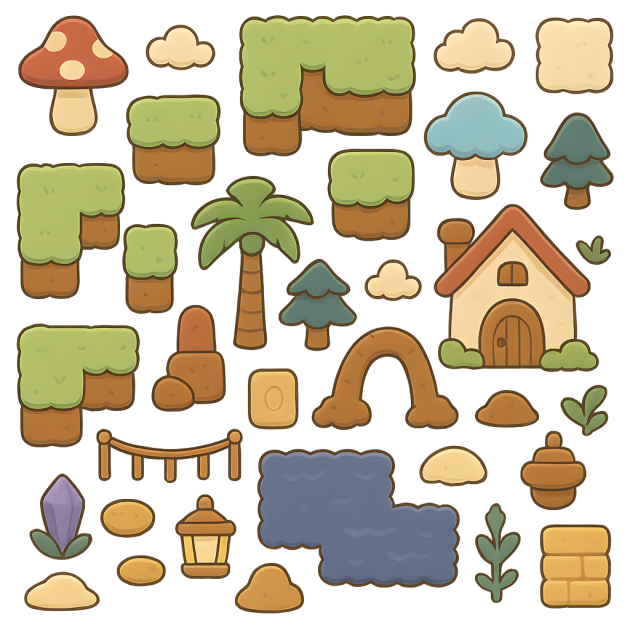 免费的宁静卡通2D阳光村庄草地图块集素材