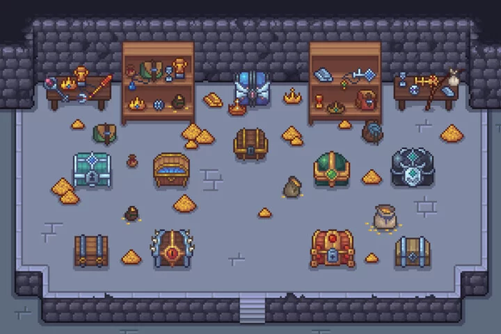 色彩鲜艳的32*32自上而下像素宝藏物品和图标素材