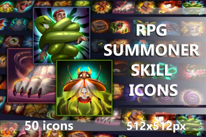 50个高清512*512的2D RPG游戏召唤师技能图标素材