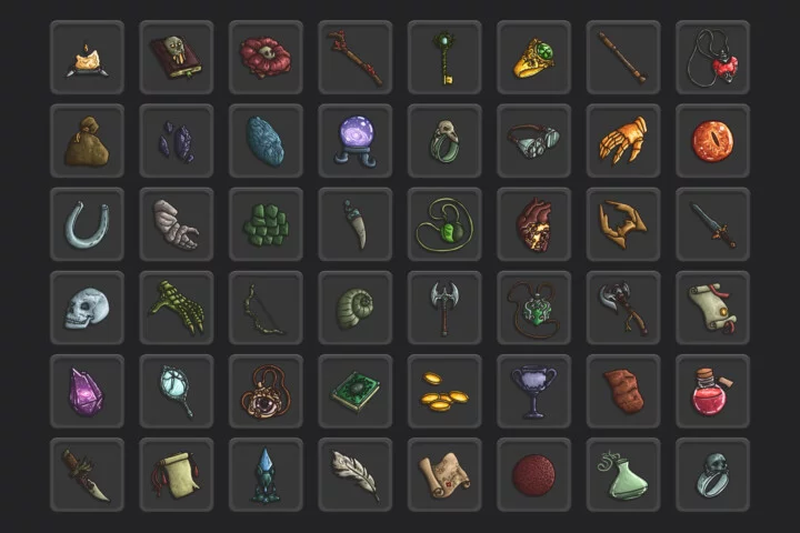 48个高品质矢量2D战斗战利品图标素材