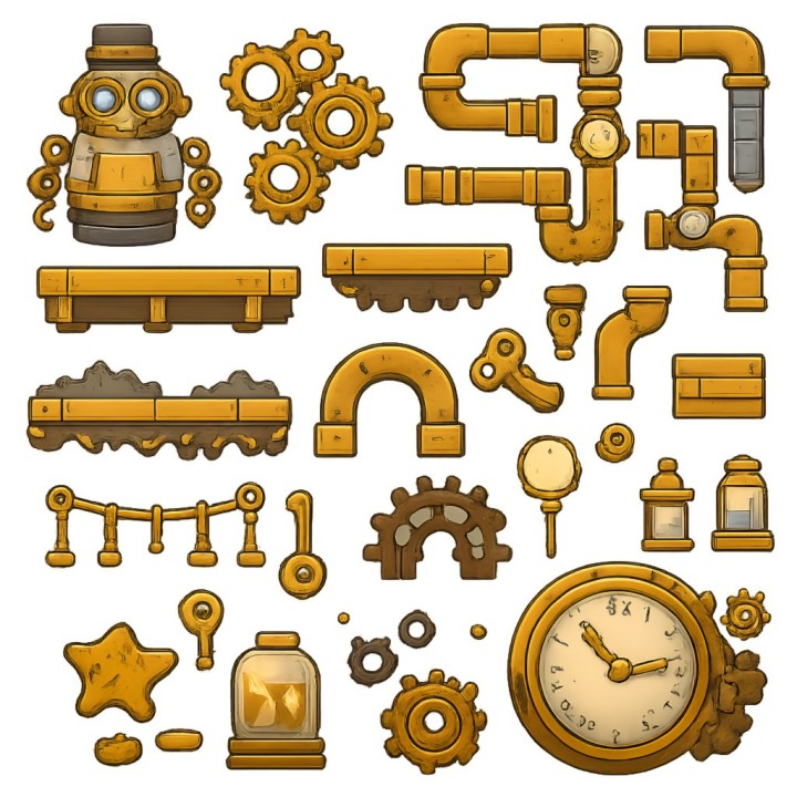 免费卡通风格的2D蒸汽朋克发条工厂图块集素材