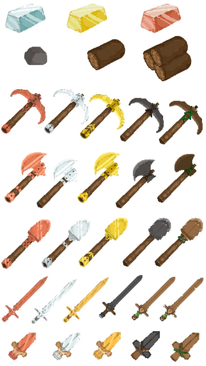 专为建造、生存和角色扮演类游戏设计的像素艺术工艺工具素材