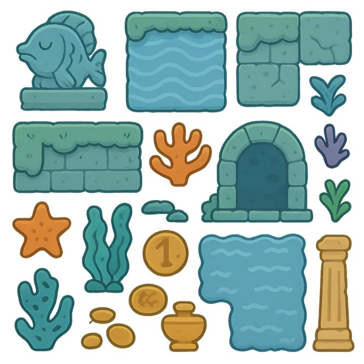 卡通风格的2D水下沉没遗迹图块集素材