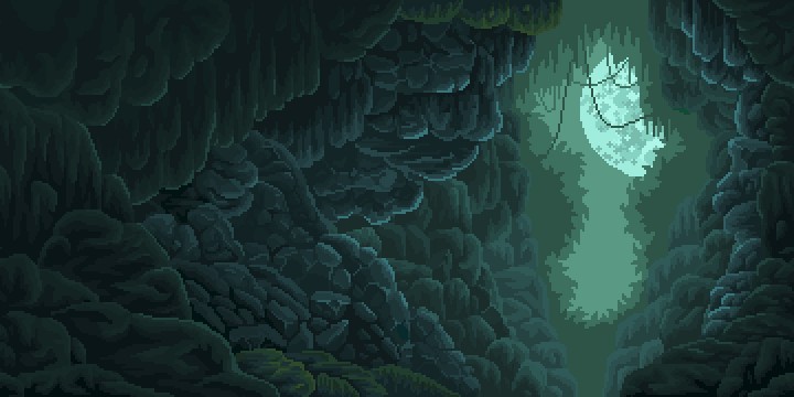 免费视差效果像素月亮石头洞穴背景图片素材