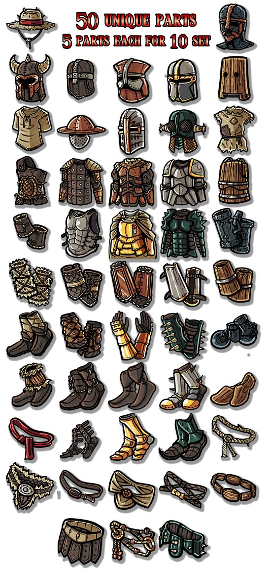 50个中世纪奇幻角色扮演游戏/视觉小说盔甲和服装图标素材
