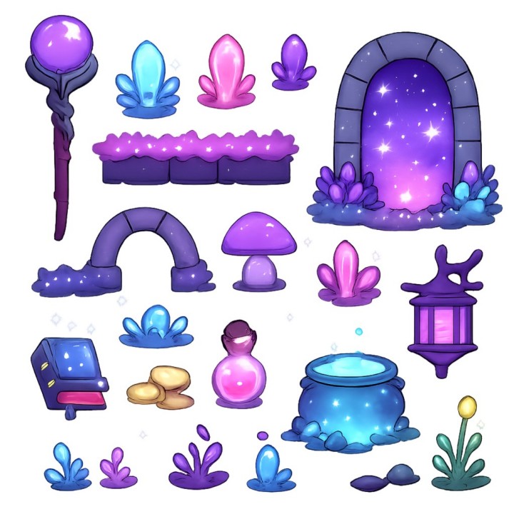 卡通风格的2D魔法星光树林图块集素材