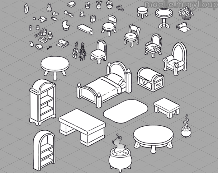 等距视角的手绘2D炼金术士之家房屋物品装饰素材