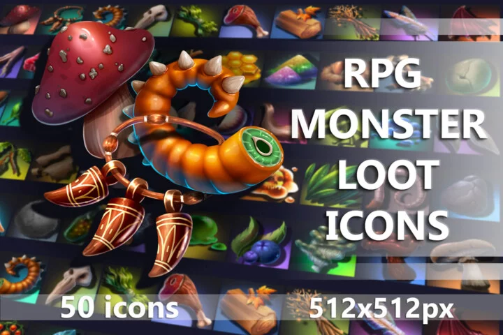 50个精美512*512的2D RPG游戏怪物战利品图标素材