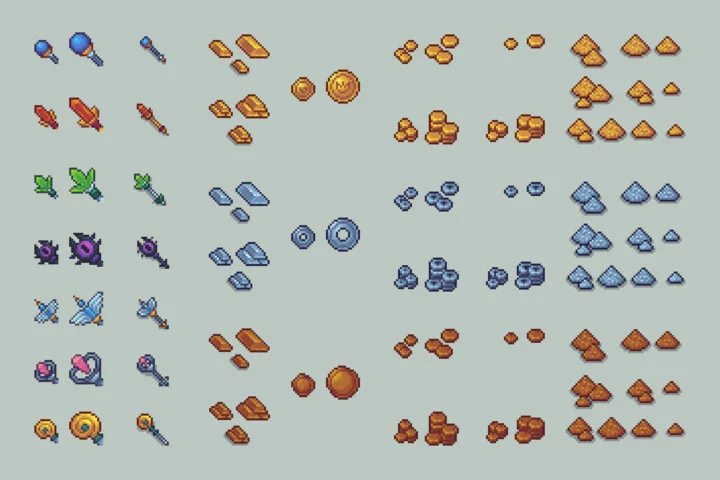 色彩鲜艳的32*32自上而下像素宝藏物品和图标素材
