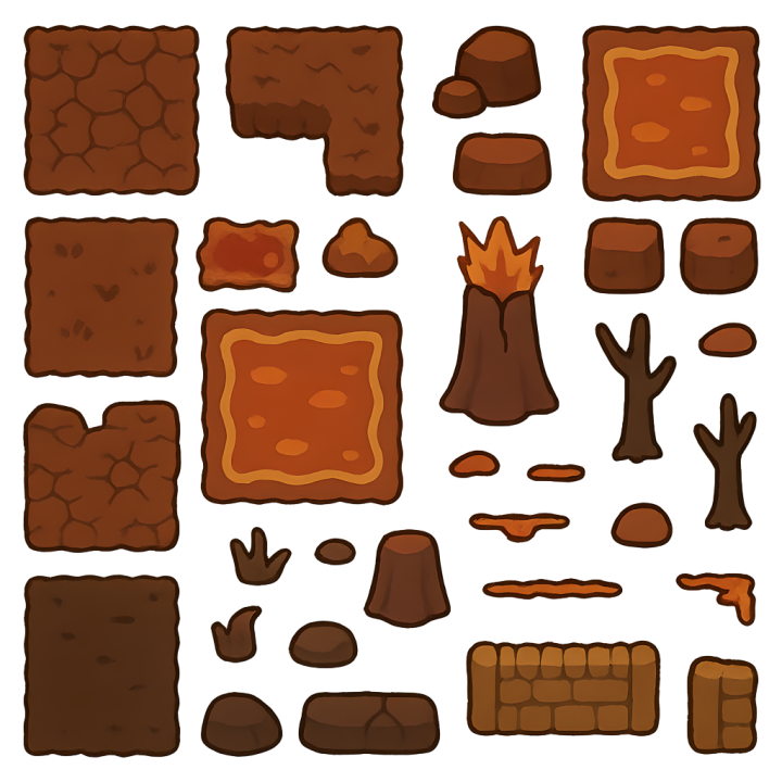 免费的卡通2D熔岩火山口地块图块集素材