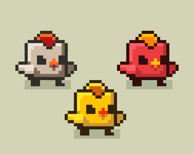 三种颜色的可爱像素动画方块小鸡素材