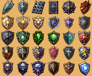 30个64*64的奇幻像素RPG游戏盾牌图标素材