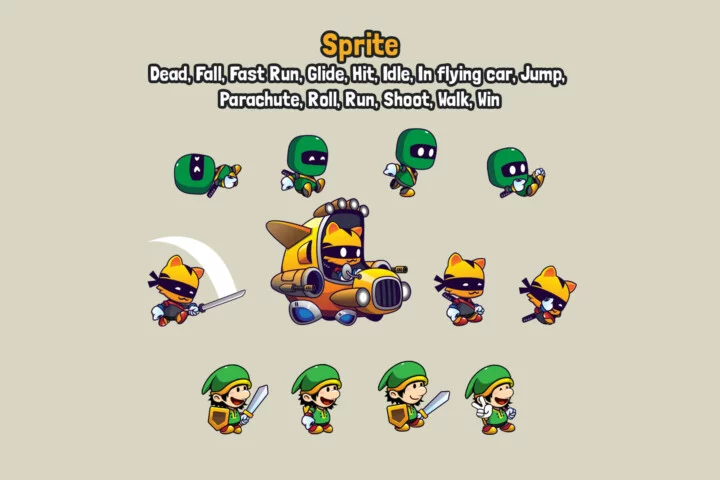 3个可爱的横版卷轴矢量卡通2D英雄动画素材