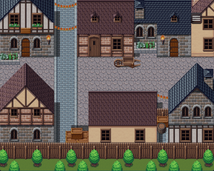 适用于角色扮演游戏和俯视角游戏的像素中世纪村​​庄外观素材