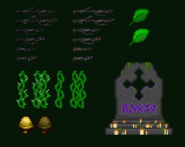 一组像素树枝、金菇、墓碑、树叶和藤蔓素材