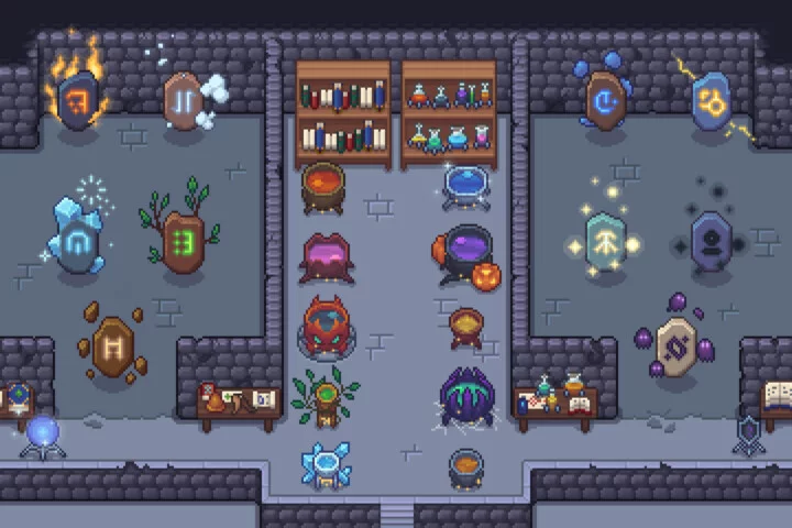 自上而下的精美像素魔法物品和图标素材