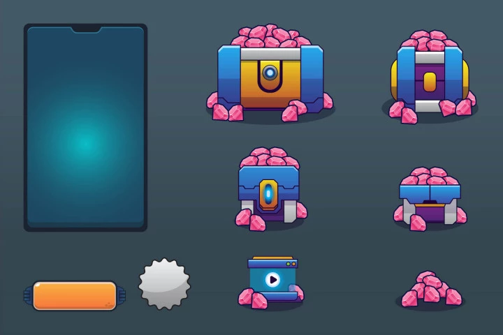 一组鲜艳的矢量2D宝藏商店素材