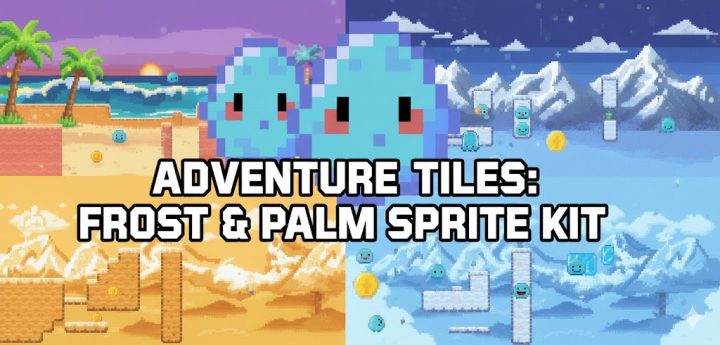 8位复古风格像素冒险棕榈海滩和冰雪霜冻地砖素材