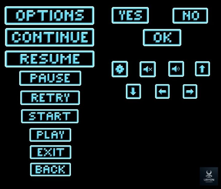 青色霓虹街机风格的像素UI按钮素材