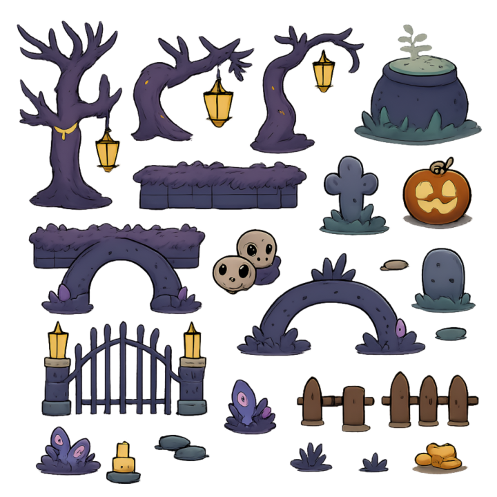 卡通风格的免费2D万圣节闹鬼森林图块集素材