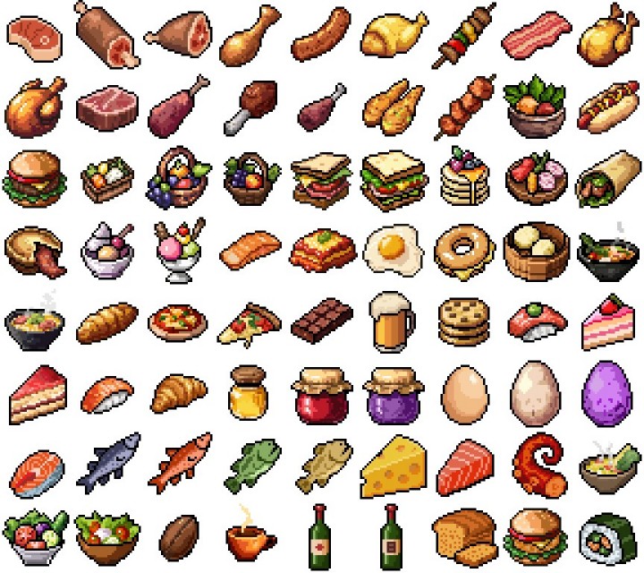 73个适用于各种游戏的像素食物和饮料图标素材