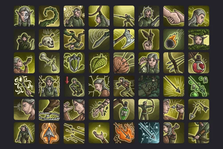 48个精美的矢量2D森林精灵技能图标素材