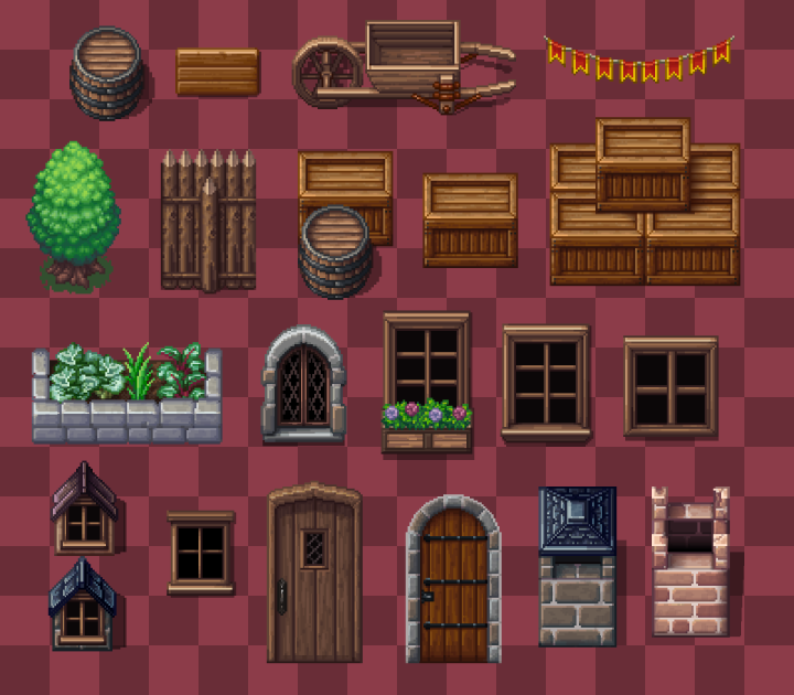 适用于角色扮演游戏和俯视角游戏的像素中世纪村​​庄外观素材