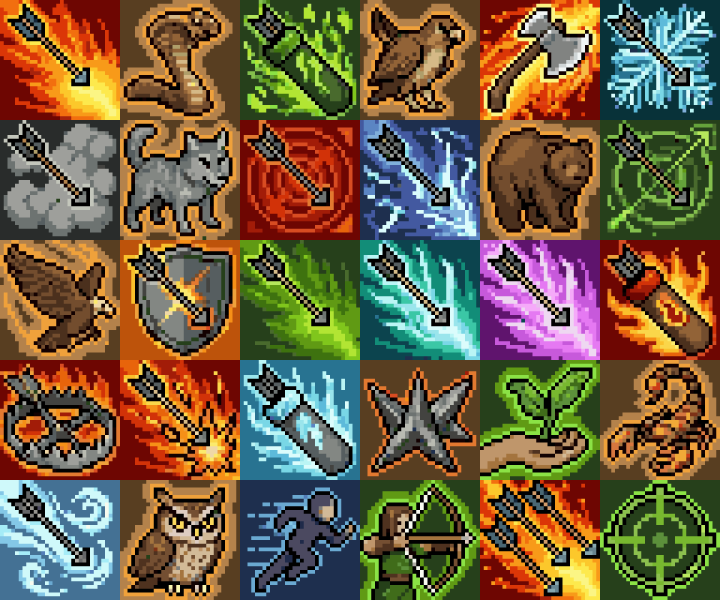 30个免费32*32的像素弓箭手/猎人职业技能图标素材