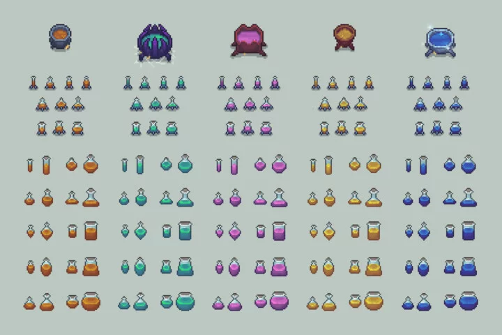 自上而下的精美像素魔法物品和图标素材