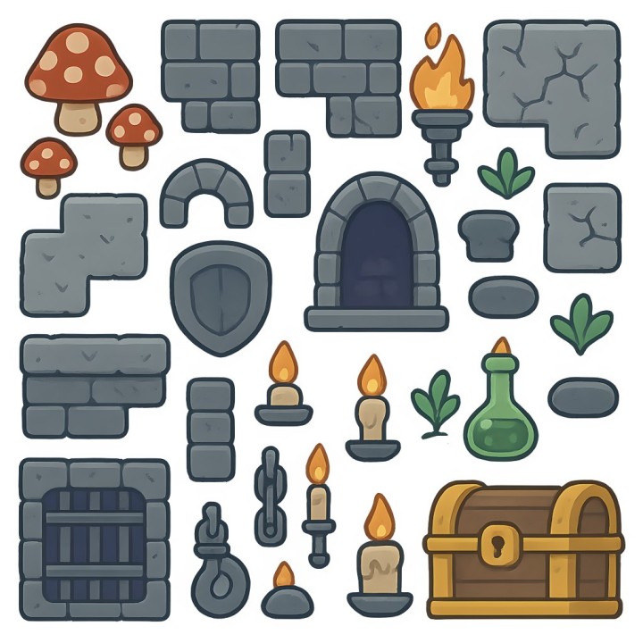 卡通风格的2D烛光地牢图块集素材