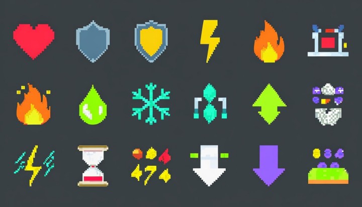 AI辅助生成的独立像素游戏状态和用户界面UI特效素材