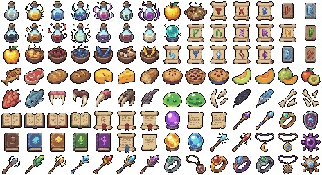 500+的专为奇幻像素角色扮演游戏和界面设计的图标素材合集