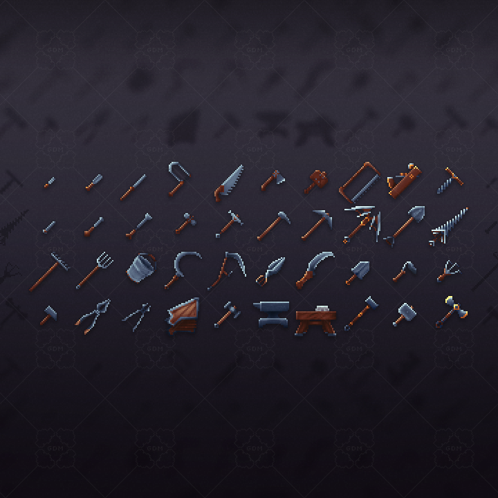 40个必备的像素艺术工艺工具图标素材