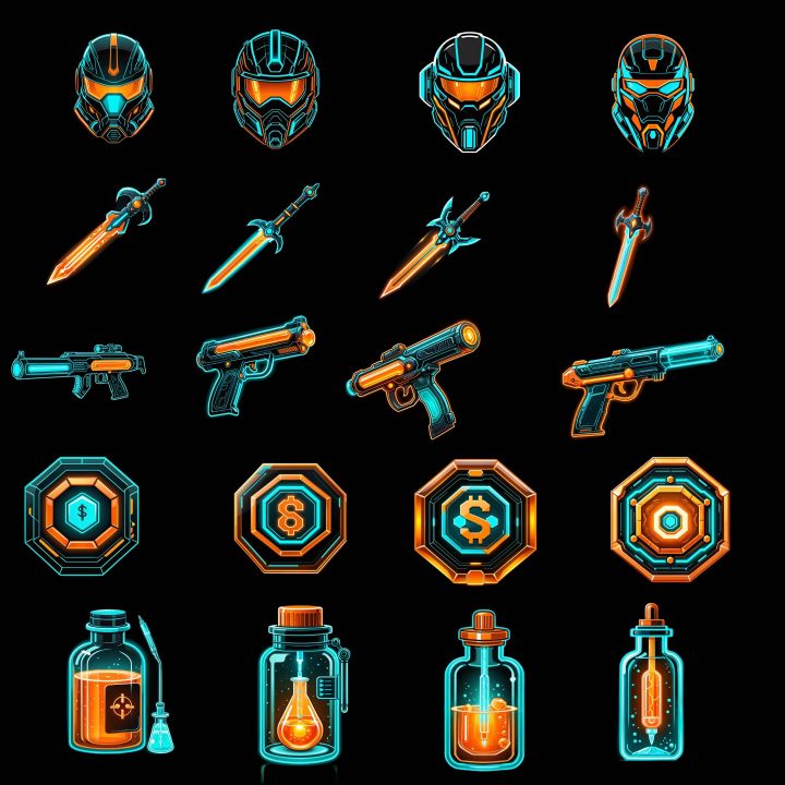 50个免费AI辅助生成的2D科幻霓虹风格物品图标素材