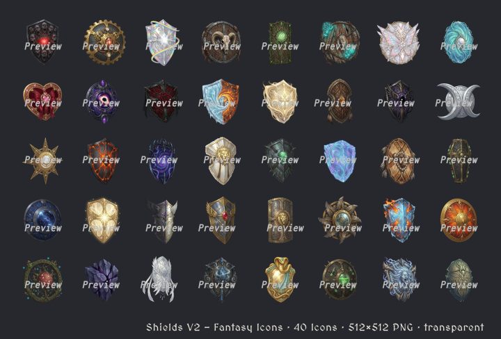 40个免费的奇幻风格高清2D盾牌图标素材