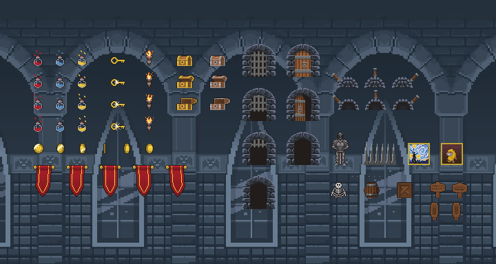 免费的16*16像素城堡图块集和道具素材