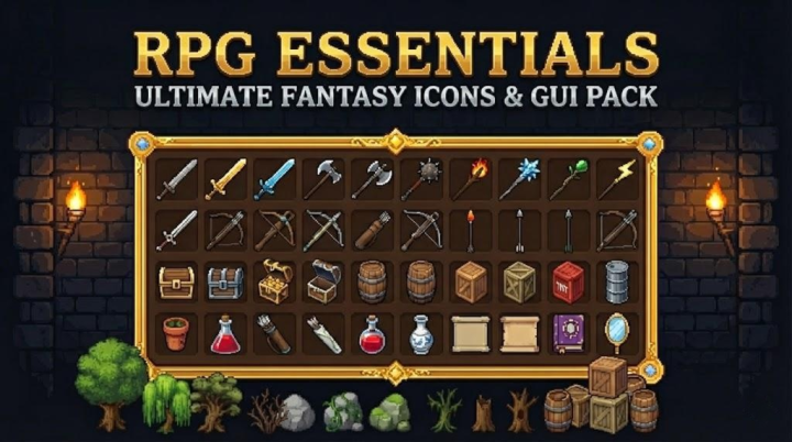 终极奇幻像素RPG游戏武器、战利品、环境和用户界面UI素材