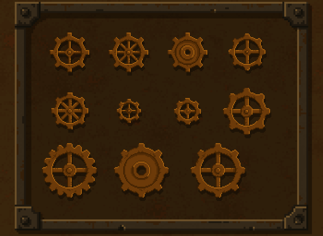 11种不同的像素风格的动画齿轮/齿轮组素材