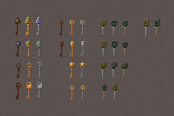 10+的多种颜色独特的像素钥匙素材