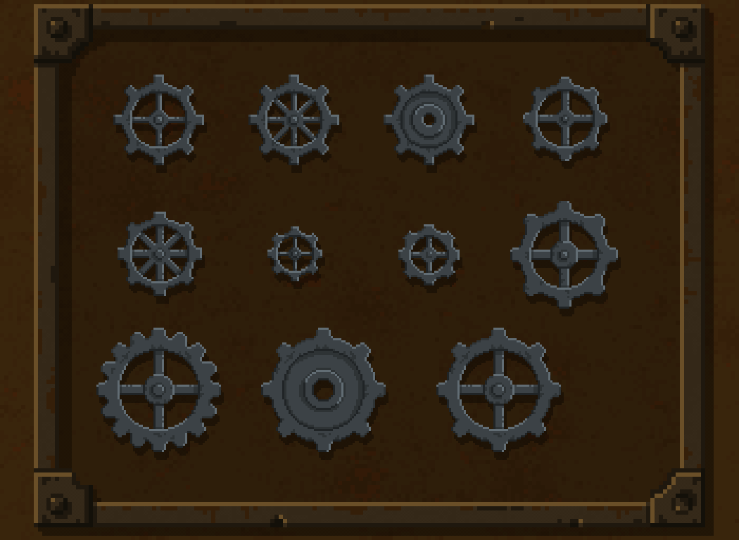 11种不同的像素风格的动画齿轮/齿轮组素材