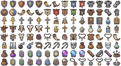 500+的专为奇幻像素角色扮演游戏和界面设计的图标素材合集