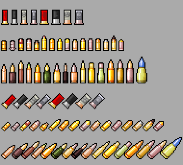 36种不同口径的像素射击游戏子弹素材