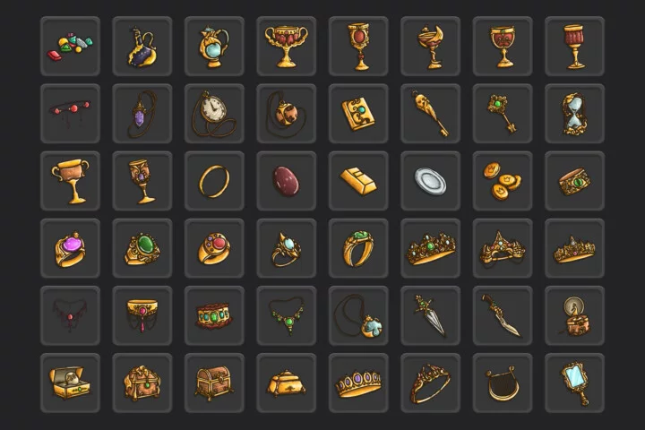 48个精选的矢量2D游戏龙之战利品图标素材