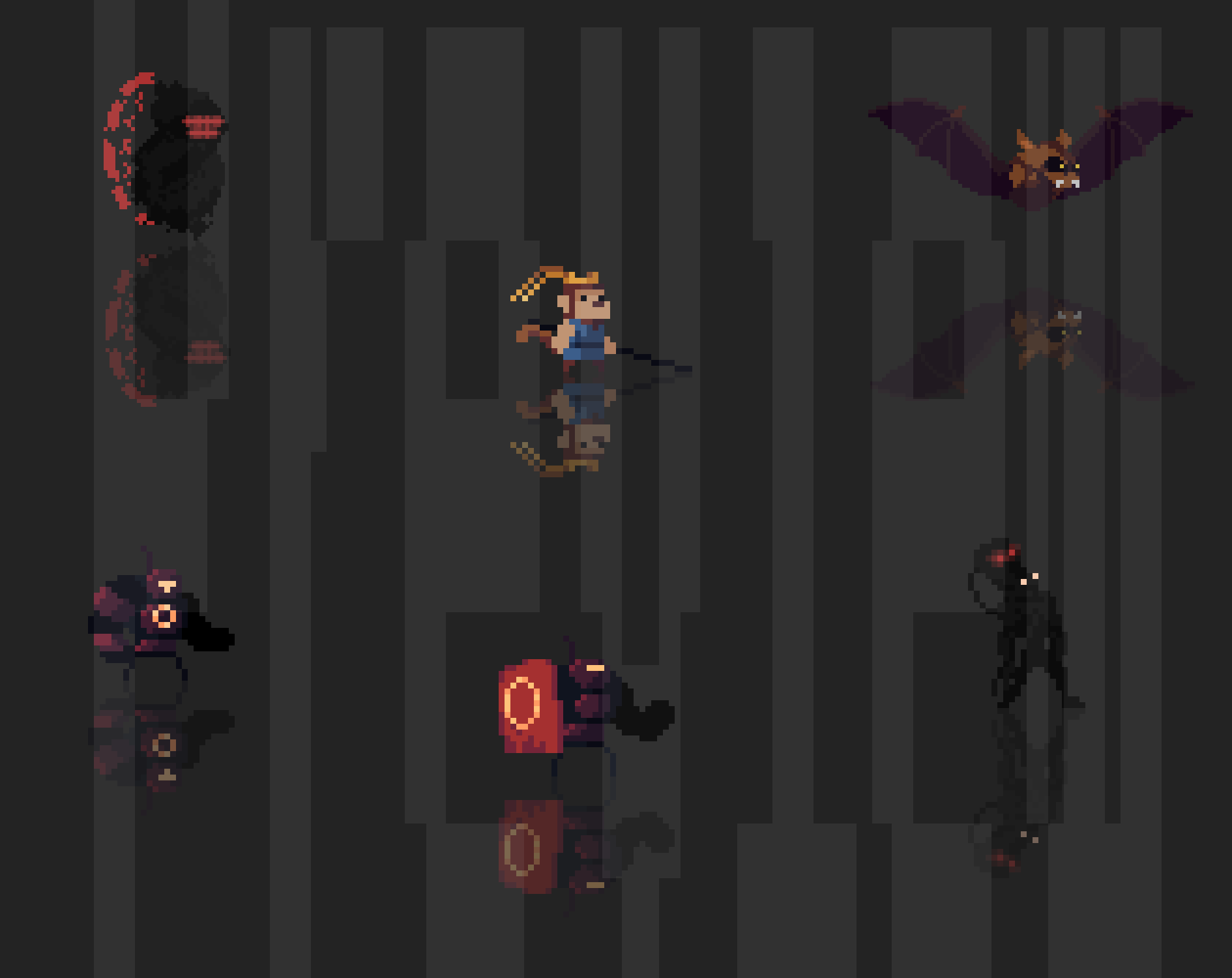 巨型的横版像素平台游戏敌人、背景、图块集、主要玩家、NPC、装饰和道具素材