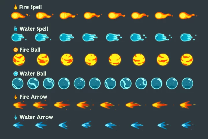 6个精美的矢量2D水与火魔法动画特效素材