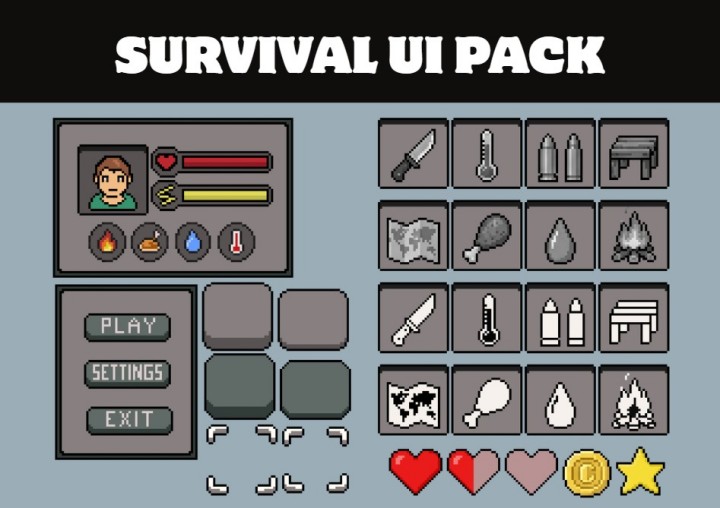 200+的像素生存游戏用户界面UI素材