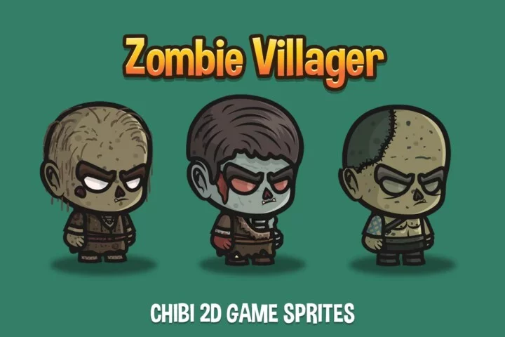 三个高质量的免费Q版卡通矢量2D僵尸村民角色动画素材