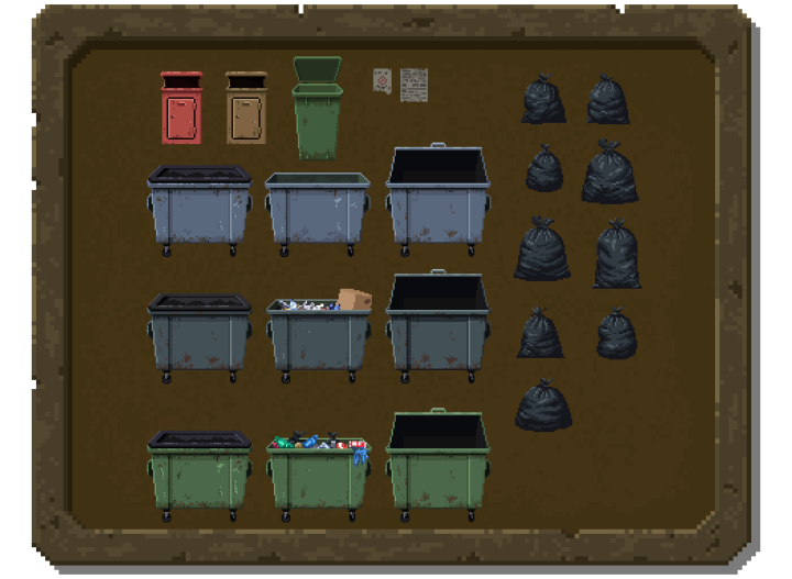 一组精美的像素垃圾桶和垃圾袋动画资产素材